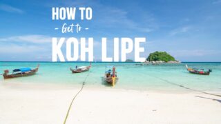 View of longtail boat taxis on how to get to Koh Lipe - Featured image with white text overlay