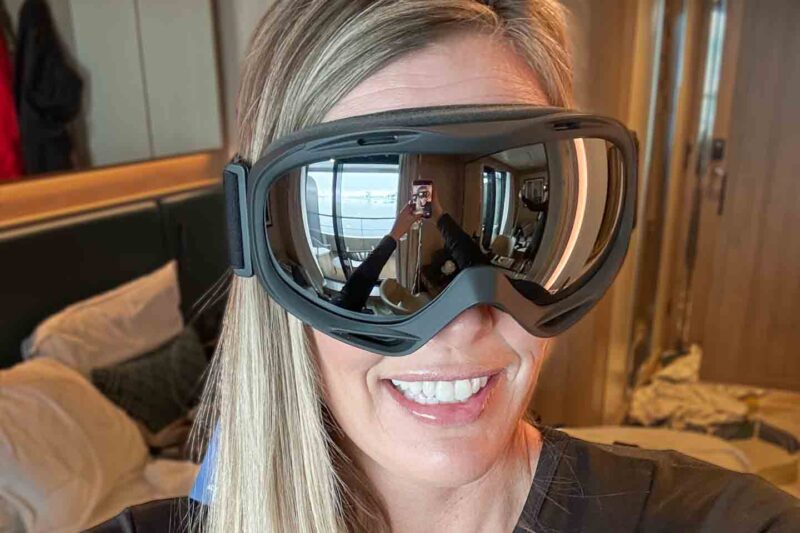 woman wearing googles for Antartica in her stateroom