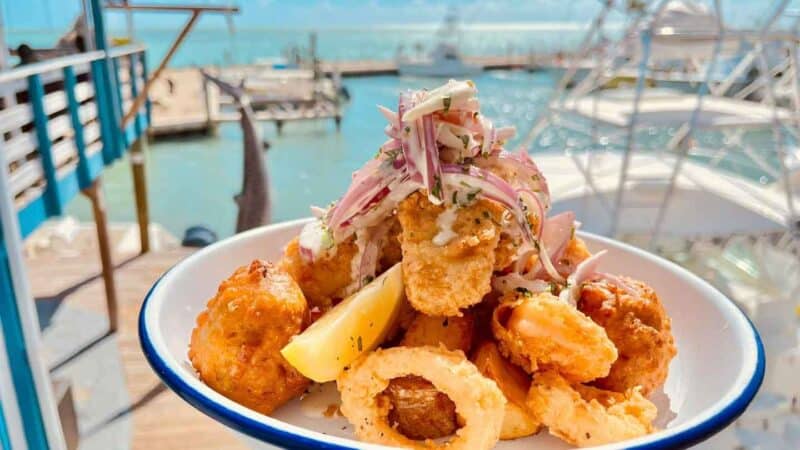 plate of seafood at Wahoo's Seafood Bar and Grill a waterfront restaurant in Islamorada